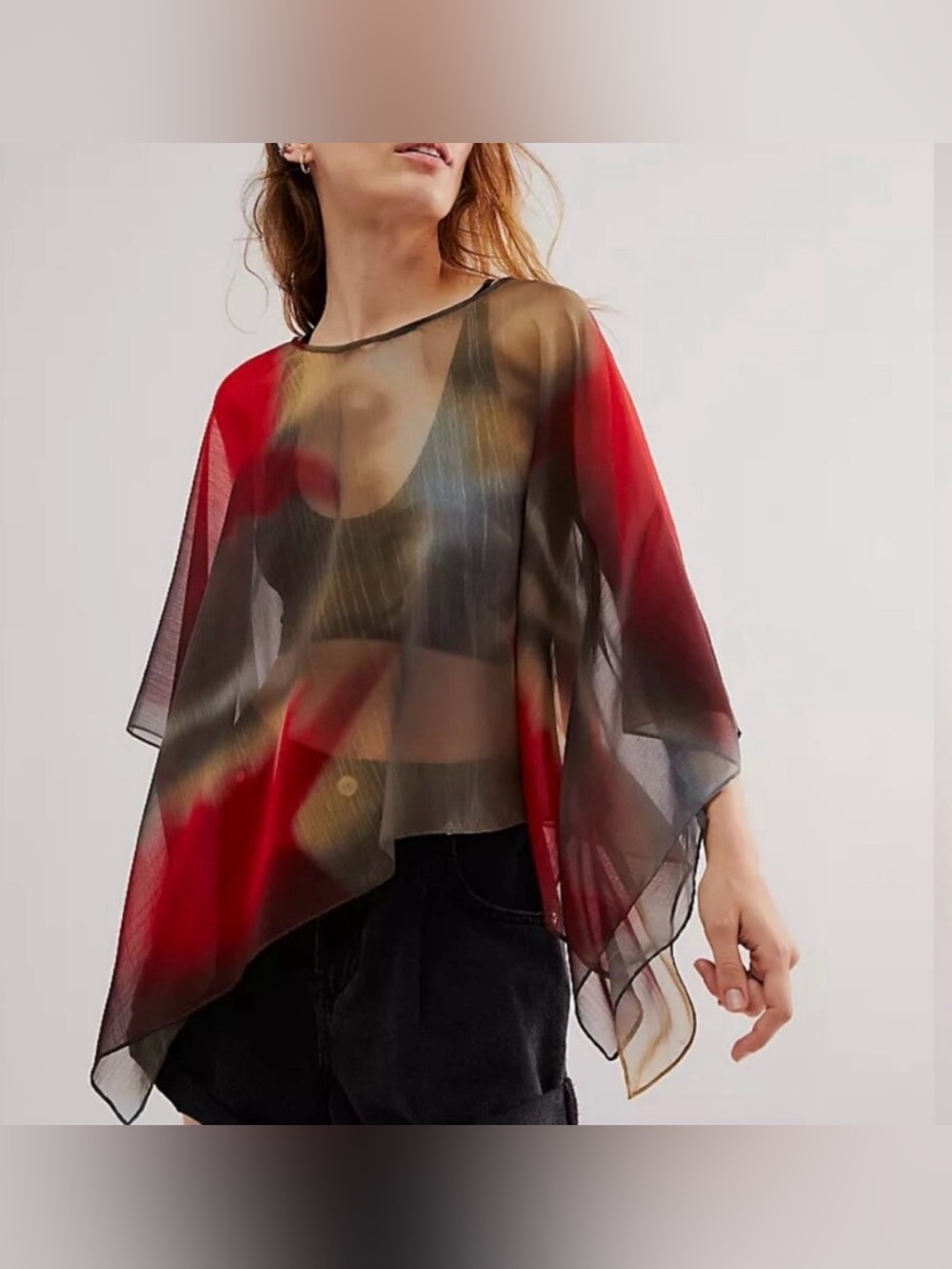 Free People Angel Wing sheer poncho abstract red & black printed design.